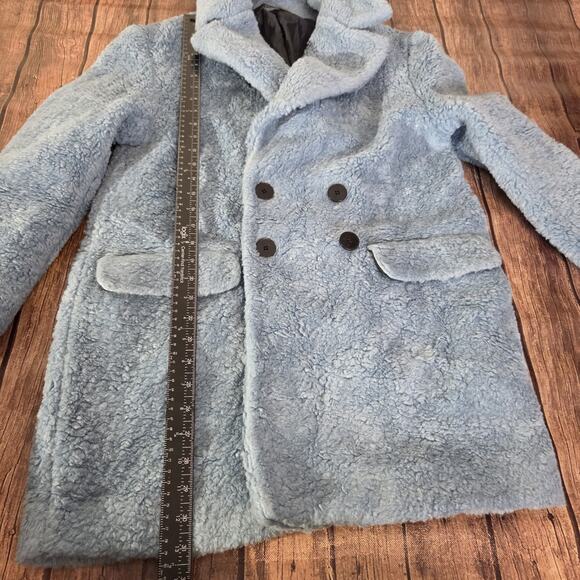 Zara Teddy Coat Womens S Blue Double Breasted Mid Length Faux Pockets Faux Fur - Picture 6 of 10
